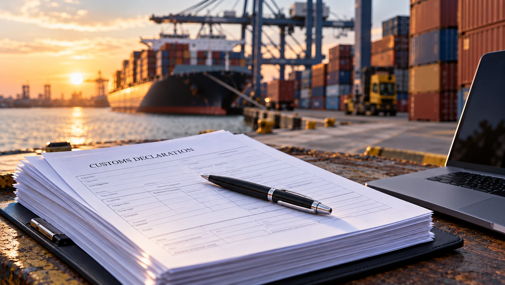 Customs declaration paperwork on a quayside beside a laptop, with a container vessel loading behind