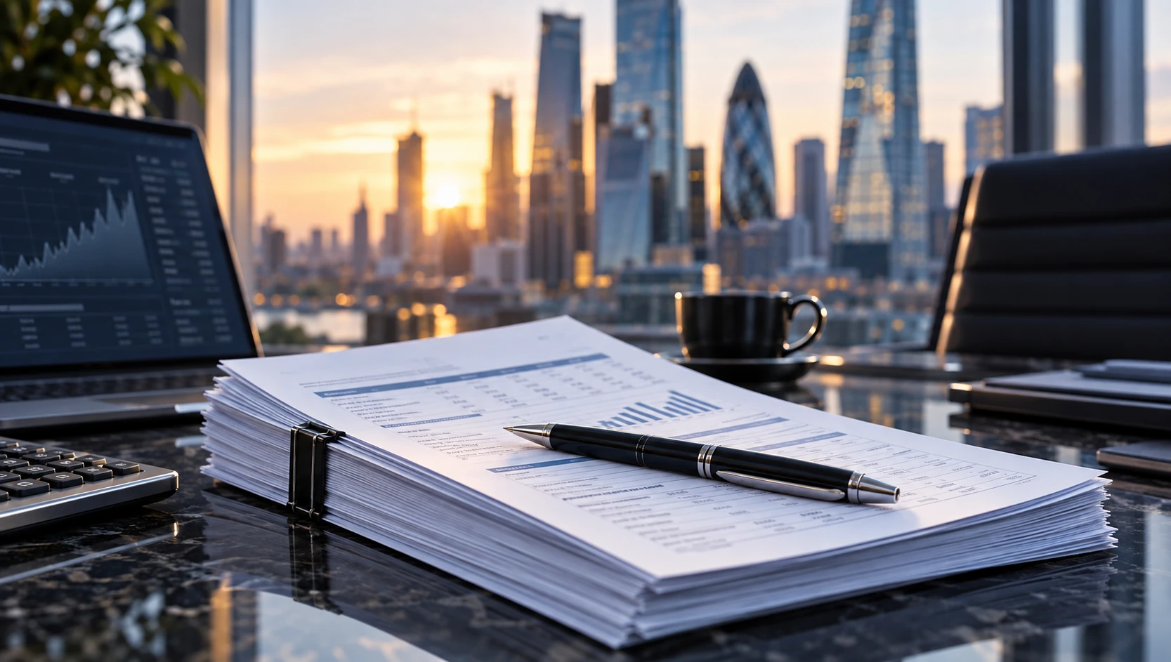 A bound stack of financial reports and schedules on a desk beside a laptop, with a financial district skyline beyond the window