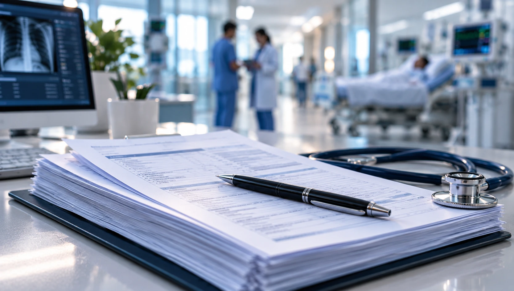 A thick stack of completed forms and a pen on a clinical desk beside a workstation, with two colleagues conferring in a hospital corridor behind
