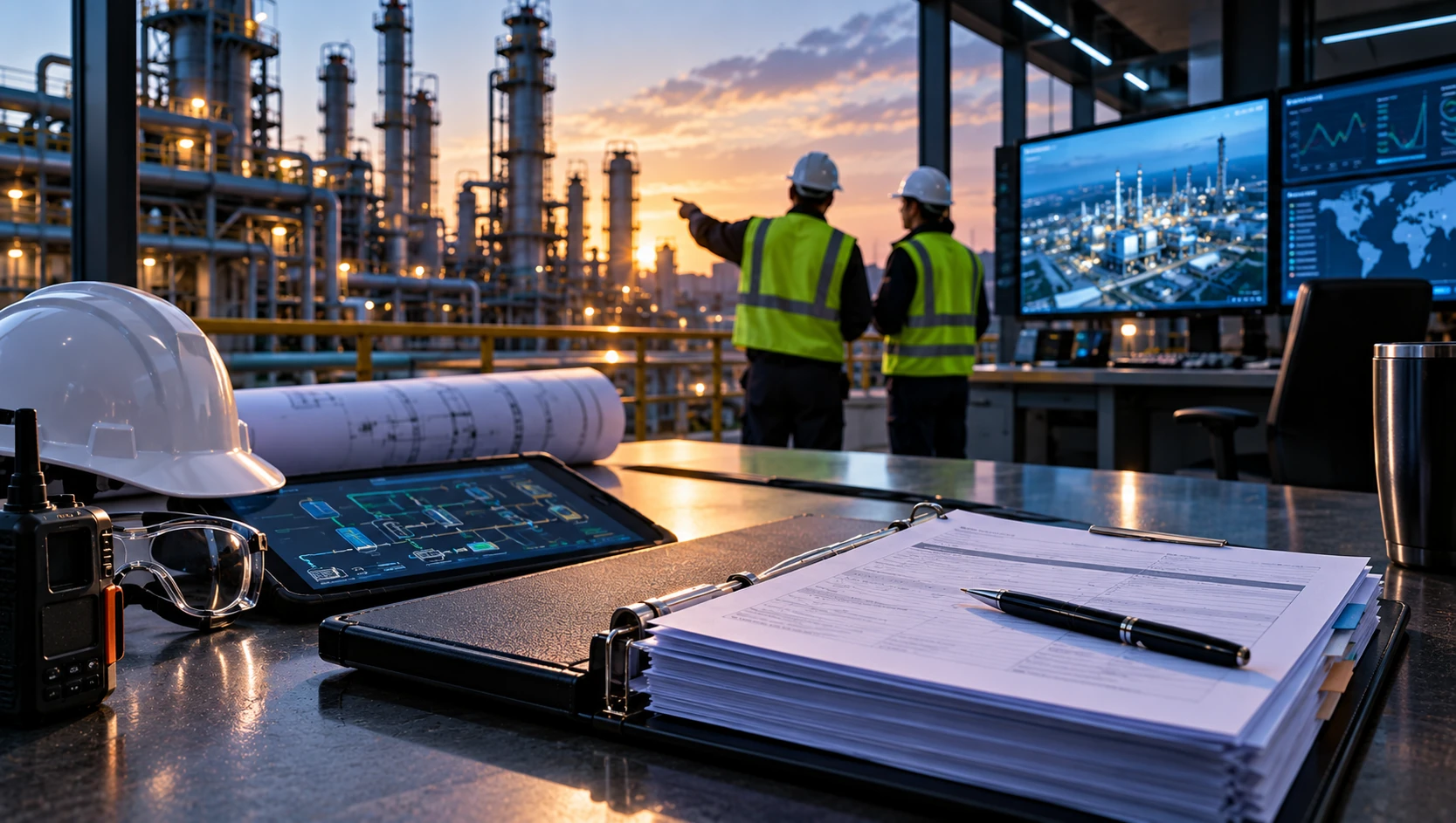 A control room desk with hard hat, radio, rolled engineering drawings, a tablet showing a process diagram and a clipboard of procedures, with two operators looking out over a lit process plant at dusk