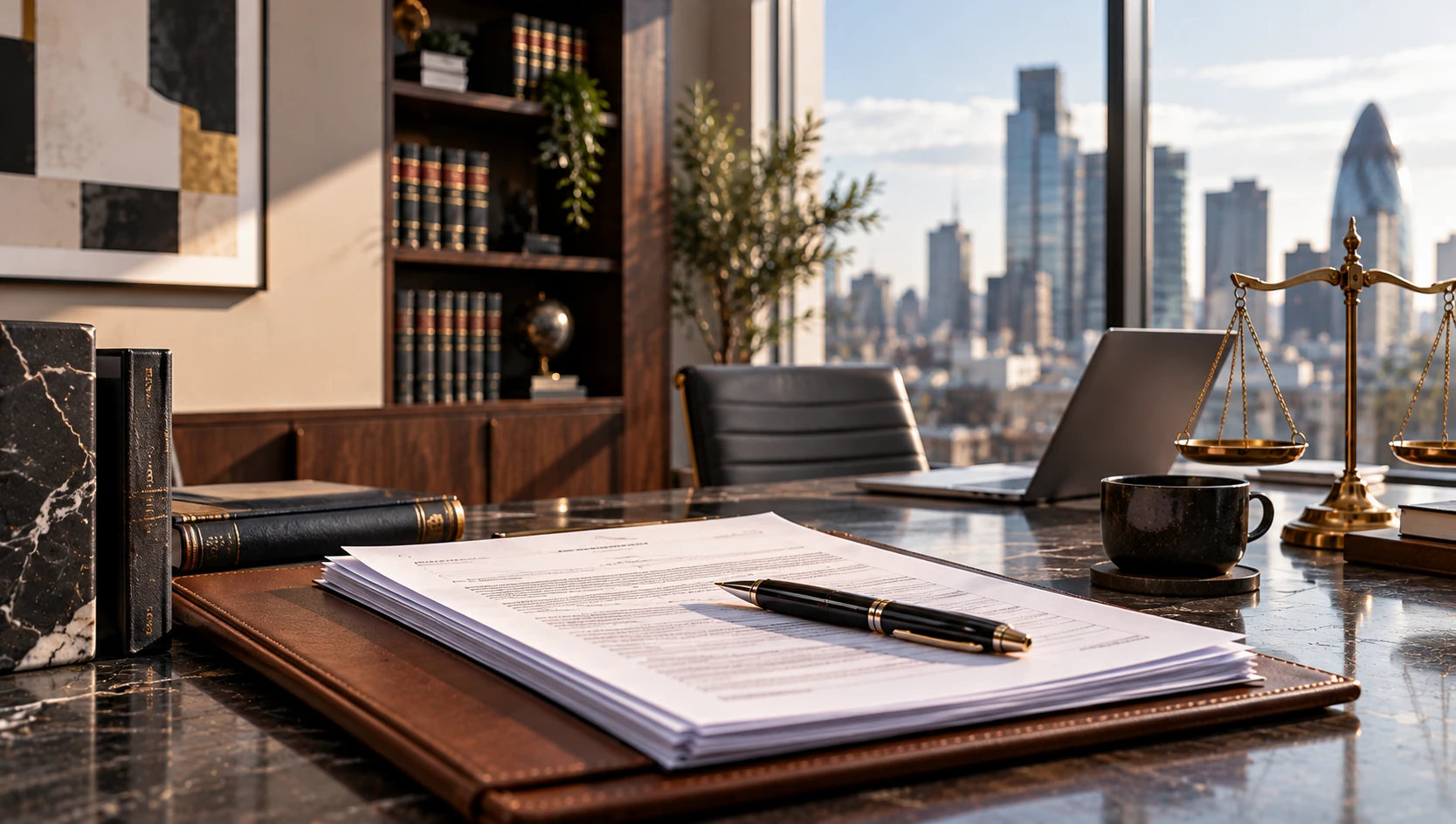 A bound contract and pen on a leather desk pad in a professional office, with bound volumes on shelves, a laptop and a city view behind