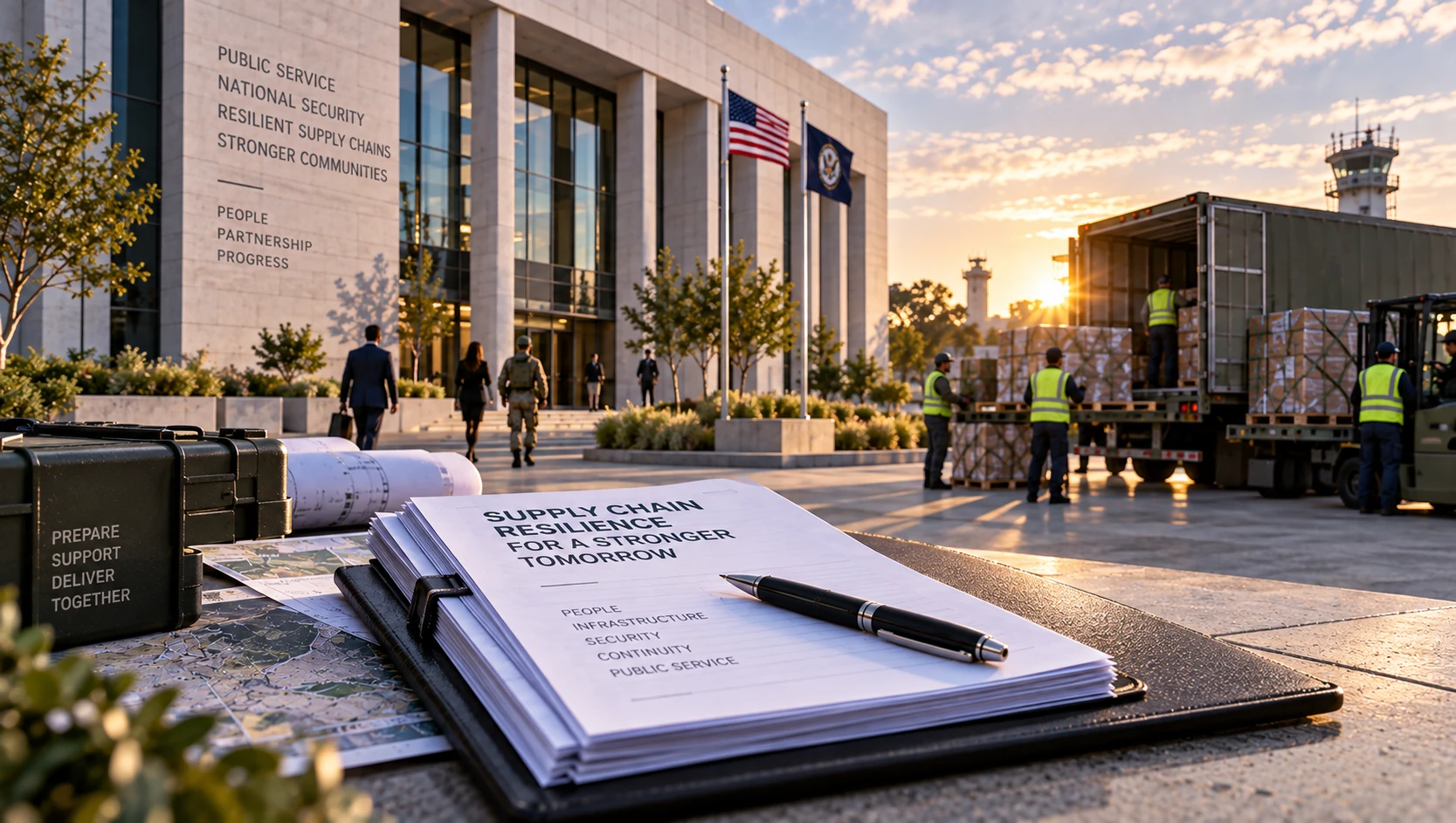 A bound supply-chain resilience document and pen on a clipboard beside a planning map, rolled drawings and a transit case, with a government building, flags, and a crew loading palletised cargo onto a truck behind