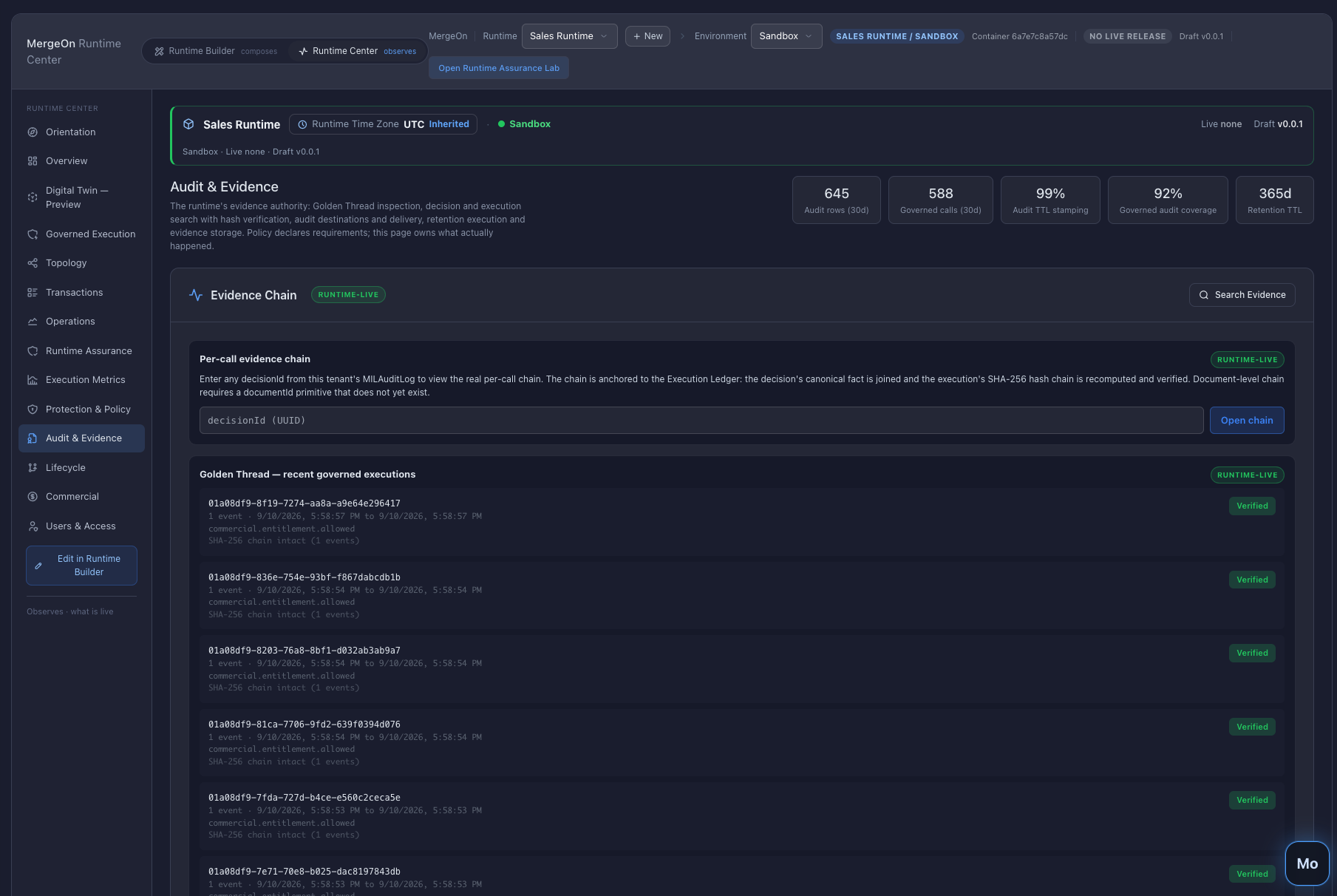 MergeOn Runtime Center — Audit and Evidence, showing the Evidence Chain and recent governed executions in Golden Thread