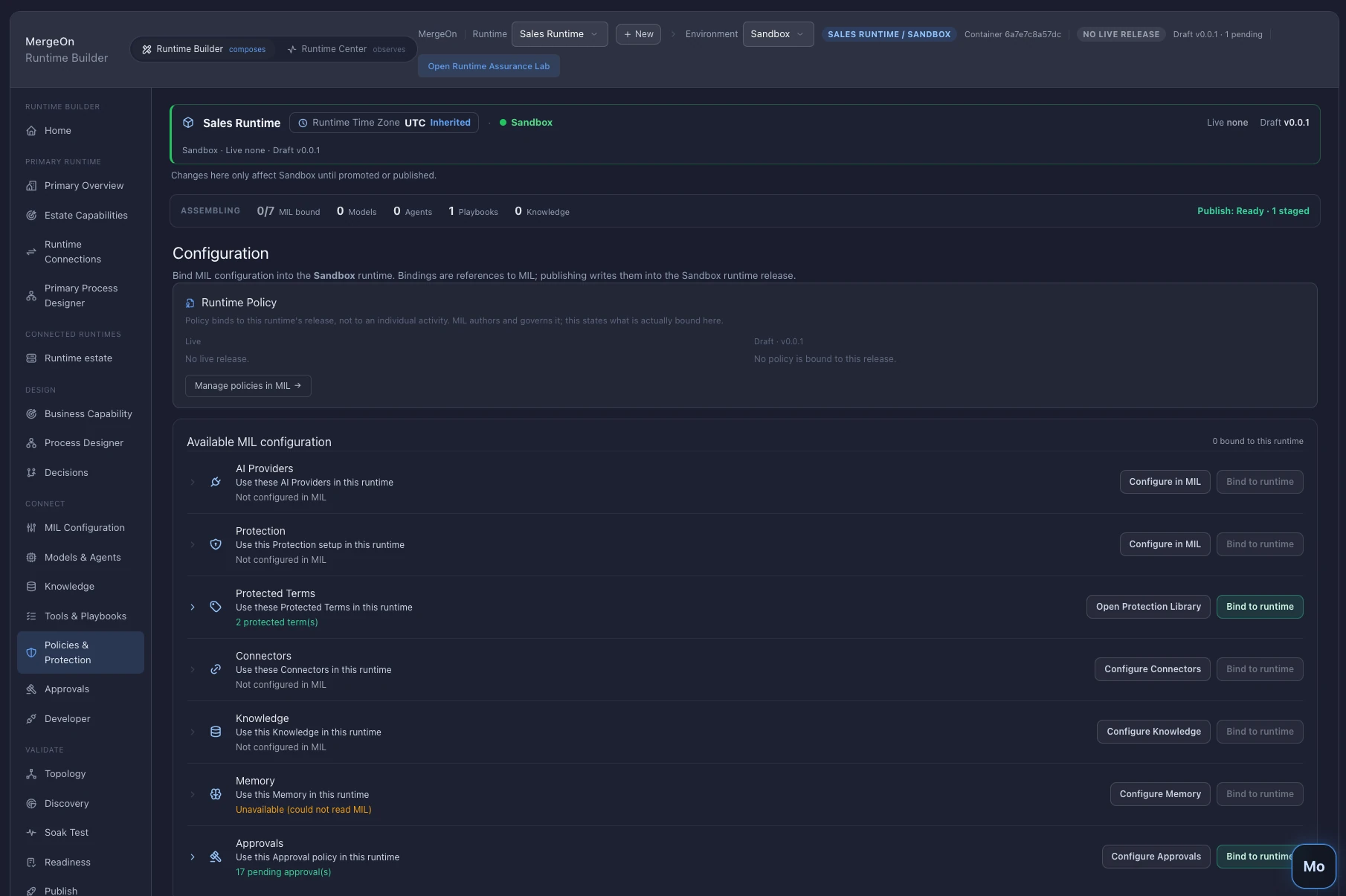 MergeOn Runtime Builder — Policies and Protection, showing runtime policy, AI providers, protection, protected terms, connectors, knowledge, memory and approvals with bind to runtime actions